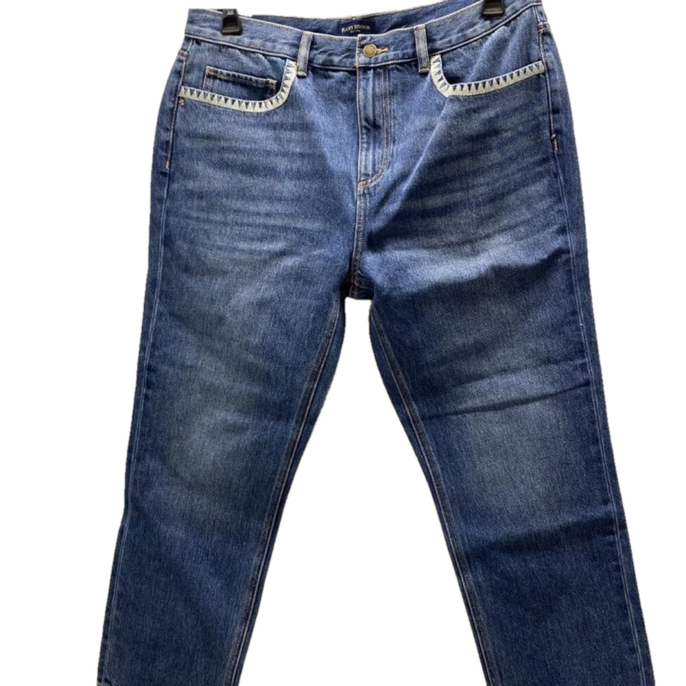 NEW RAMY BROOK Womens Crochet Trim Straight Leg Jeans Size 32 x 26 Medium Blue